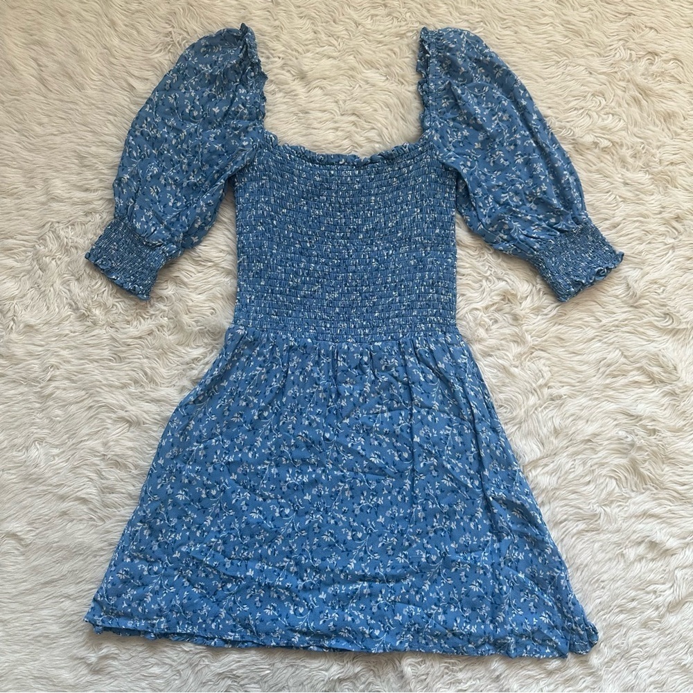 Reformation Dress Elle Smocked Mini Puff Sleeves Suzette Blue Floral Sz 2